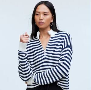 Madewell Ribbed Half-Zip Sweater in Stripe Sz XXS